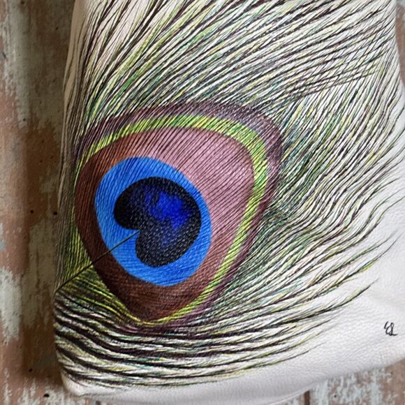Elliott Lucca Large Cream Leather Handbag Hand Painted Peacock Feather S… - Picture 8 of 16